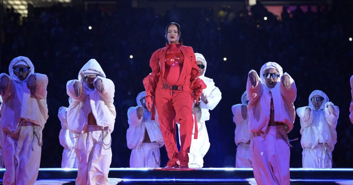 Rihanna at her 2023 halftime show performance. Following the show she saw her total on-demand streams jump 211% and her digital album sales climb by 301%, while digital song sales exploded by 390%. 

